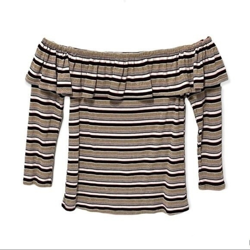 English Factory Off‎ The Shoulder Striped Ruffle Long Sleeve Top XS